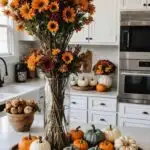 fall flowers and pumpkins in a white kitchen