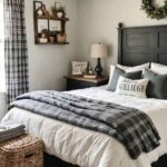 farmhouse guest bedroom with night stand, lamp and plaid curtains