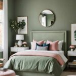 feminine bedroom with green sage walls, bed with green and pink bedding and neutral rug