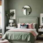 feminine bedroom with green sage walls, bed with green and pink bedding and neutral rug