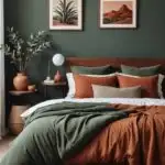 feminine bedroom with green sage walls, bed with green and terracotta bedding and art on the wall