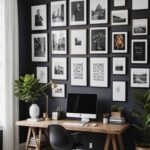 home office with dark walls, art and wood desk