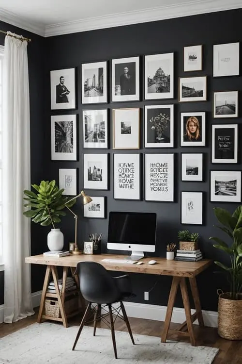 home office with dark walls, art and wood desk