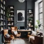 home office with high ceilings, dark walls and a seating area