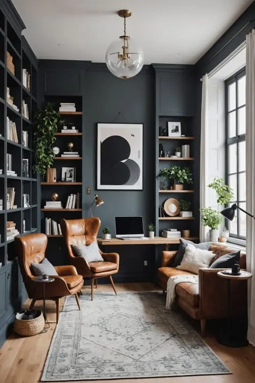 home office with high ceilings, dark walls and a seating area