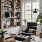 home office with lounge chair and built in book shelves