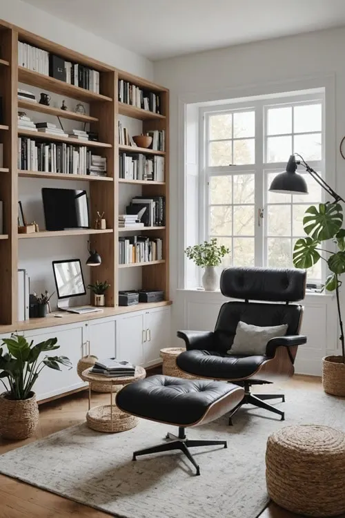 home office with lounge chair and built in book shelves