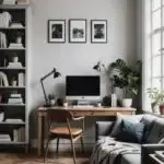 home office with small wood des, book shelf and couch