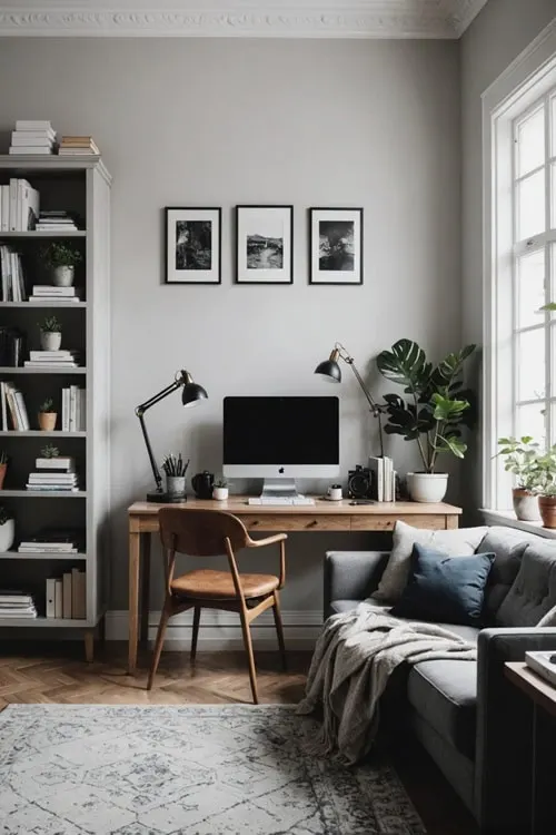 home office with small wood des, book shelf and couch