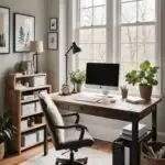 home office with small wood desk and small book shelf in front of a window