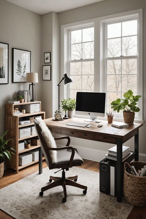 home office with small wood desk and small book shelf in front of a window