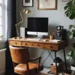 home office with small wood desk, leather chair and art on the walls