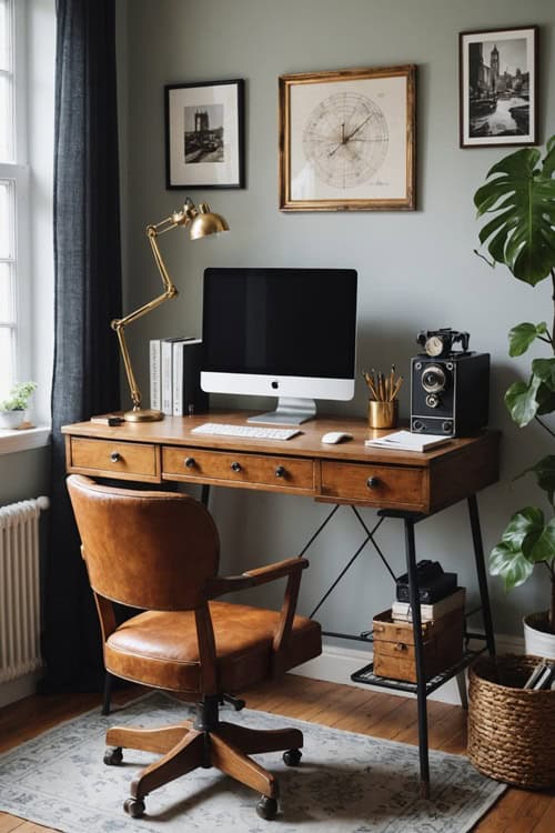 home office with small wood desk, leather chair and art on the walls