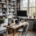 home office with small wood desk, white book shelves