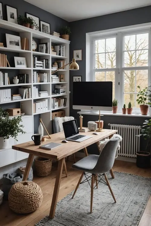 home office with small wood desk, white book shelves