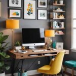 home office with small wood desk, yellow desk chair and gray walls