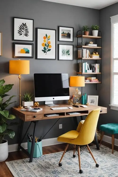 home office with small wood desk, yellow desk chair and gray walls