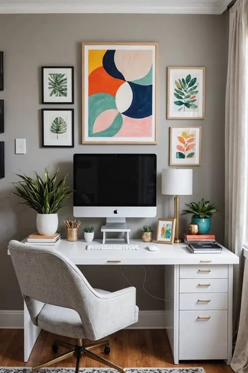 home office with white desk, gray chair and colorful art on the wall