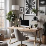 home office with wood desk, chair, window and art on the walls