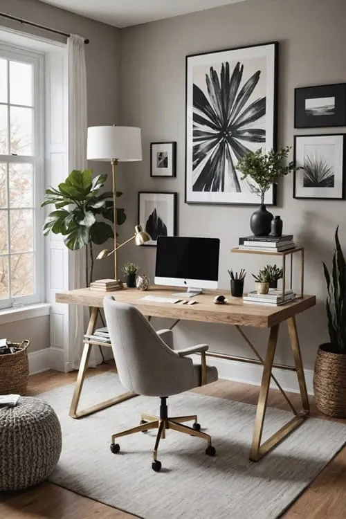 home office with wood desk, chair, window and art on the walls