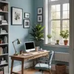 home office with wood desk, chair, window and blue walls