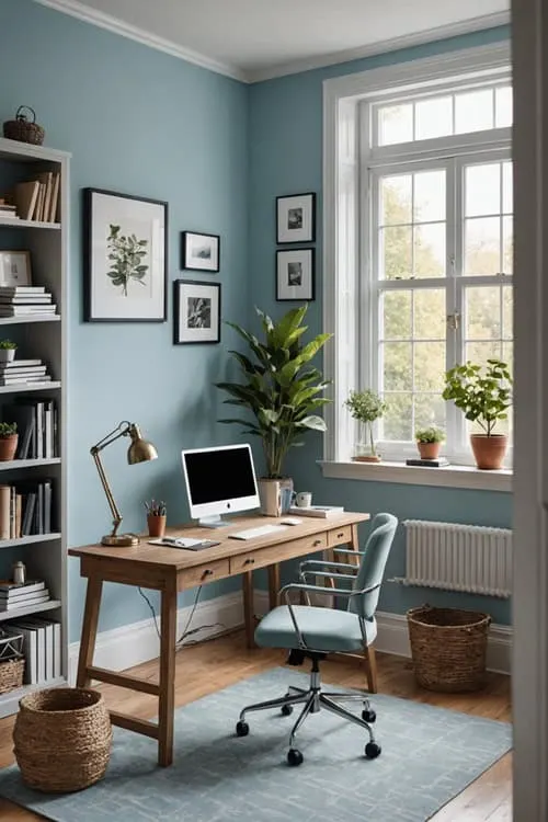 home office with wood desk, chair, window and blue walls