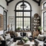 industrial farmhouse living room with high ceilings, large windows, shiplap walls and leather couches