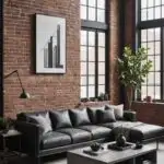 industrial living room with high ceilings, brick walls, large windows and gray sectional leather couch