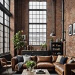 industrial living room with high ceilings, brick walls, large windows and sectional leather couch