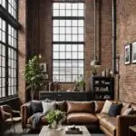 industrial living room with high ceilings, brick walls, large windows and sectional leather couch