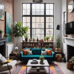 industrial living room with high ceilings, concrete & brick walls, large windows, gray chair and teal couch