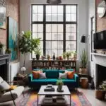 industrial living room with high ceilings, concrete & brick walls, large windows, gray chair and teal couch