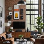 industrial living room with high ceilings, concrete & brick walls, large windows, tv and leather couches