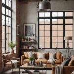 industrial living room with high ceilings, concrete walls, large windows, leather chair and leather couches