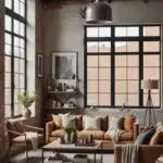 industrial living room with high ceilings, concrete walls, large windows, leather chair and leather couches