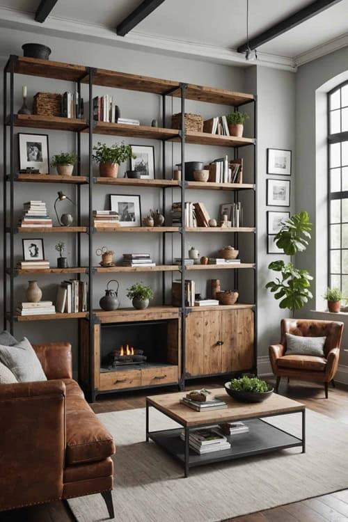 industrial living room with open bookshelves and high ceilings 