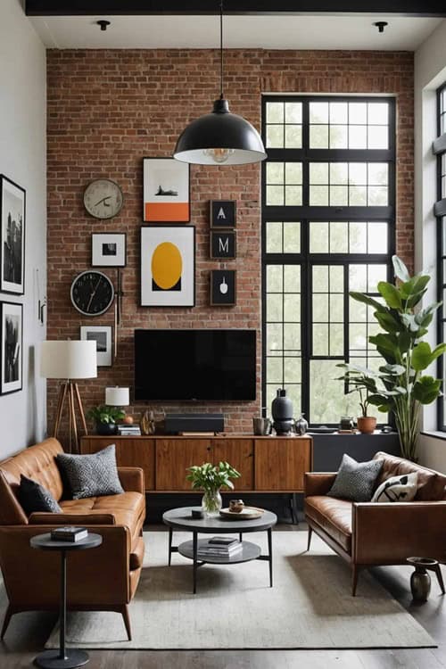 industrial living room with high ceilings, concrete & brick walls, large windows, tv and leather couches 