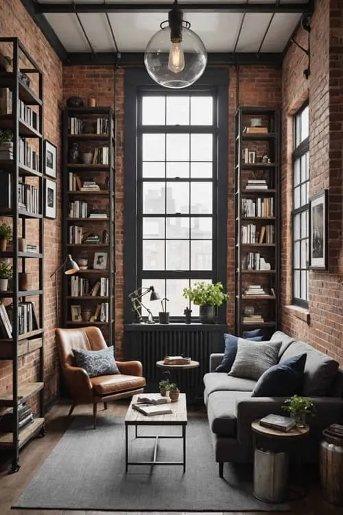 small industrial living room with high ceilings, large windows open shelves and gray couch 