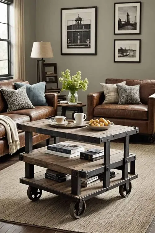 Industrial-style living room with a rugged factory cart turned coffee table