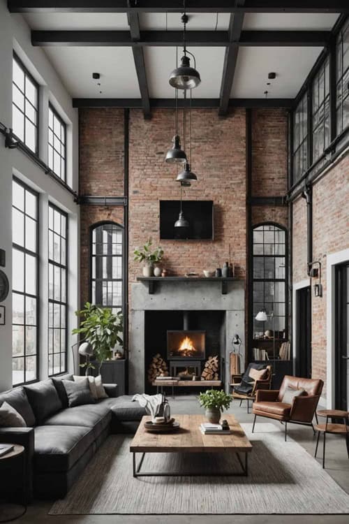 Industrial minimalist style living room with high ceilings, brick walls, concrete fireplace and gray couch