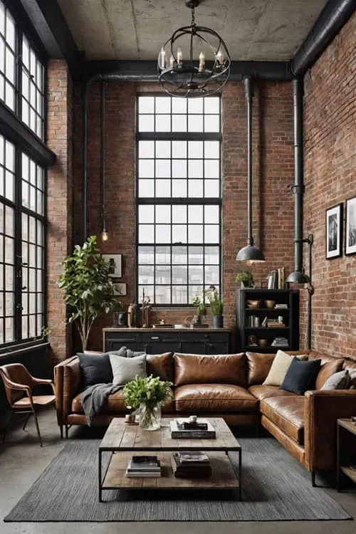 industrial living room with high ceilings, brick walls, large windows and sectional leather couch