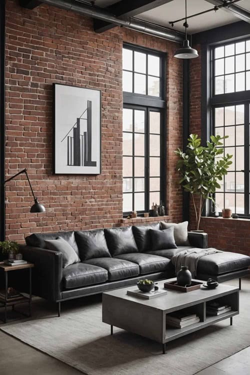 industrial living room with high ceilings, brick walls, large windows and gray sectional leather couch 