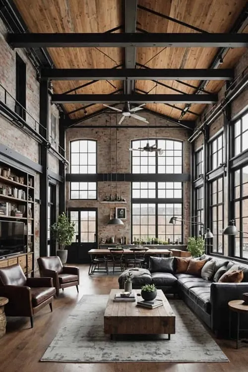 industrial open concept living room with high wood ceilings, brick walls, large windows and sectional leather couch 