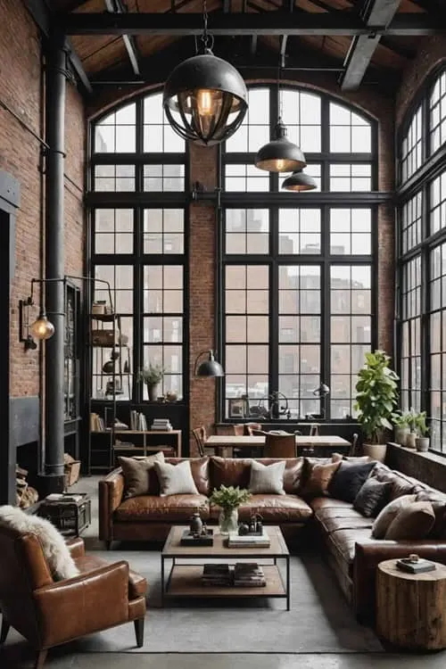 industrial open concept living room with high ceilings, brick walls, large windows, leather chair and large sectional leather couch 