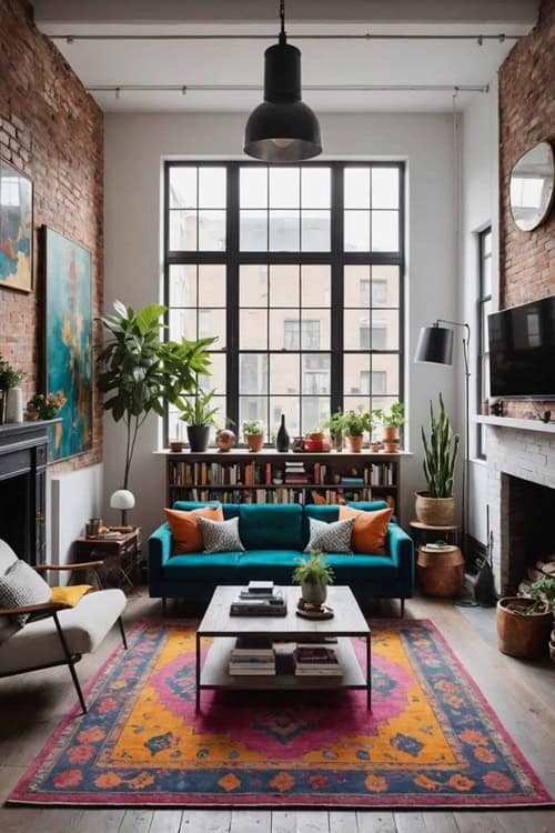 industrial living room with high ceilings, concrete & brick walls, large windows, gray chair and teal couch 