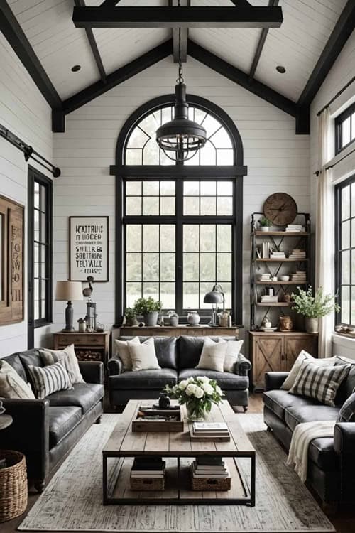 industrial farmhouse living room with high ceilings, large windows, shiplap walls and leather couches 