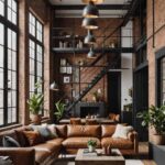 industrial open concept living room with high ceilings, brick walls, large windows and large sectional leather couch