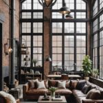 industrial open concept living room with high ceilings, brick walls, large windows, leather chair and large sectional leather couch