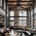 industrial open concept living room with high wood ceilings, brick walls, large windows and sectional leather couch