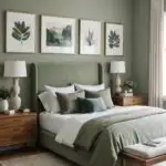 large bedroom with green sage walls, bed with green and white bedding and art on the walls